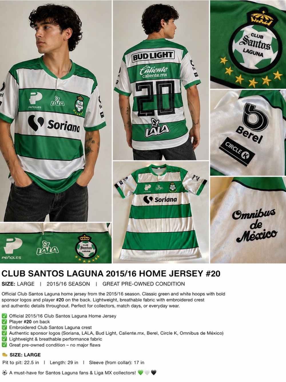 Club Santos Laguna Jersey 2015/16 Home #20 Liga MX Soccer Shirt L Green White